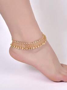 Bohemian Style Jingle Bell Anklet, Gold Crystal Tassel Anklet, Beach Summer Foot Jewelry, Unisex - Multicolor - View 4