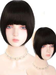 Synthetic Natural Black Yaki Straight Bangs Hairpiece For Women With Temples, Handmade Fluffy Straight Bangs, Seamless Fit, Invisible & Natural, Easy To Wear, Beginner Friendly - Multicolor - View 9