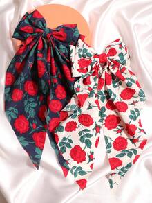 2个缎面加厚3D玫瑰花蝴蝶结发夹，休闲波西米亚宫廷风，涤纶材质，四季皆宜 - 彩色 - 查看 2