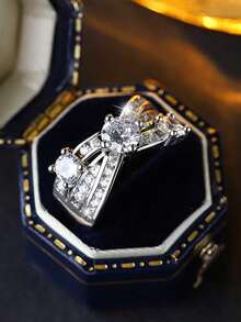 Nhẫn cổ điển hai lớp đan chéo bốn chấu tròn đính đá Cubic Zirconia tổng hợp, quà tặng trang sức cưới cho phụ nữ. - trắng - Xem 5