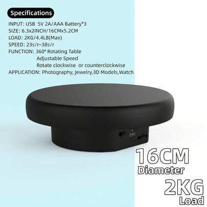 16cm/6.3inch Electric Turntable For 360 Degree Panoramic Shooting/Load 4.4lb/2kg,360 Degree Adjustable Speed Revolving Base For Photography,Jewelry,3D Models,Watch,USB Power Supply,Motorized Turntable