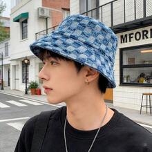 New Checkered Denim Hat 1pc Outdoor Sports Cap, Fashionable Personalized Bucket Hat For Daily Wear Street - Black - View 2