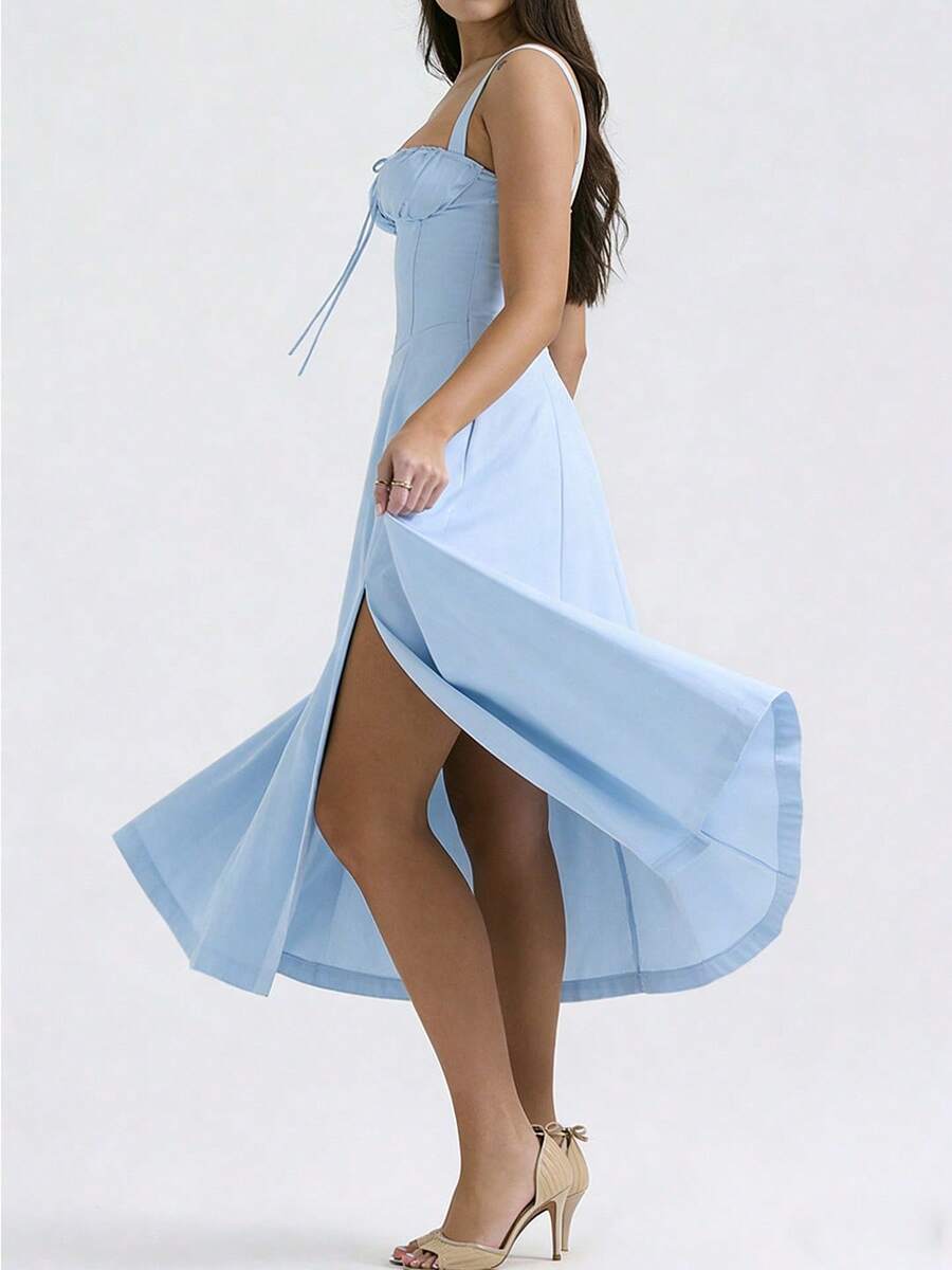 Women's Simple Casual Style Strap Dress With Ruched Neckline - Màu xanh nhạt - Xem 1