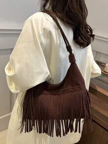 1 Stück neue Wildleder matte Damen Umhängetasche, modische Quasten Umhängetasche, retro Große Kapazität matte Halbmond Tasche, Pendler & Lässig vielseitige Umhängetasche, Kontrastfarbener Reißverschluss, verstellbarer Riemen, geeignet für Ausflüge, Dates, Einkaufen, Arbeit, Geschäft, Reisen, Geschenk - Kaffeebraun - Übersicht 9