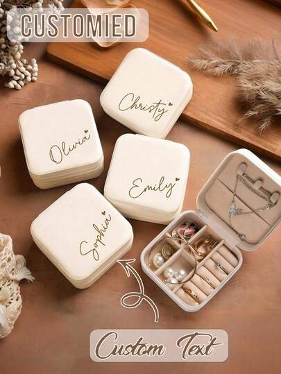 Personalized Name & Heart-Shaped Jewelry Box, Personalized Name Jewelry Box, Custom Beige Bridesmaid Jewelry Box With Zipper Closure, Fabric Lining, And Compartments, Elegant Travel Jewelry Organizer, Suitable For Bridesmaid Proposal Gift | Elegant Jewelry Box | Zipper Closure