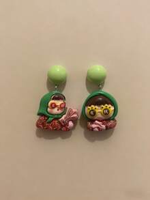 1 Pair Quirky Chinese Style Festive Resin Earrings - Light Green Bead Earring Base + Asymmetric Headscarf Flower Doll Shaped Earrings, Suitable For Casual Daily Wear / Chinese New Year Theme Party - Multicolor - View 2