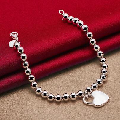 925 Sterling Silver Plated Heart Lock 6mm Beads Chain Bracelets Jewelry For Women Top Quality Lovers Bracelets Christmas Gift