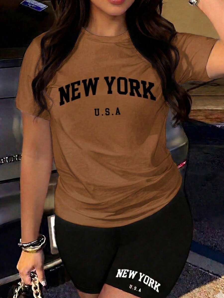 Conjunto set paquete pack 2 piezas dama mujer playera camiseta blusa gráfica manga corta cuello redondo shorts leggings biker cortos básico casual estampado ciudades new york NY nueva york - Cafe - Ver 1