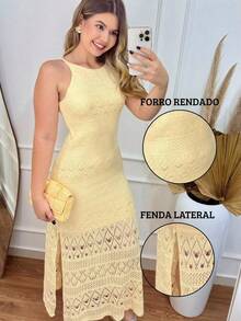 Raabe Long Knit Dress With Lined Detail And Slit - Elegant Women's Fashion, Luxury, For Parties, Christmas, New Year's Eve - 米色 - 查看 2