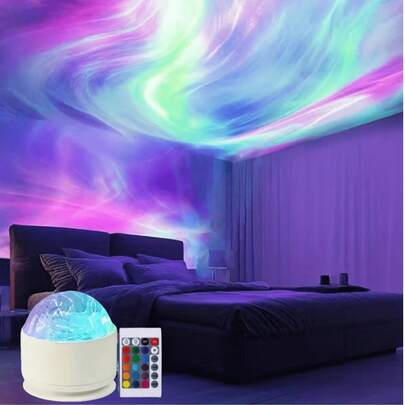 1pc 16-Color Remote Control Colorful Northern Lights Wave Projection Lamp With Remote, USB Powered Dimmable Atmosphere Light, 1200 Lumens Adjustable LED Night Light, Suitable For Bedroom, Living Room, Party & Relaxation Decor, Party Atmosphere, Fashionable Design, High-Quality Lighting, Party Planner