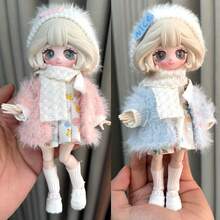 两件套，适用于1/8 BJD 1/12 OB11娃娃的衣服，粉色和蓝色，可爱粉色柔软蓬松的冬季保暖可爱套装，带帽子，娃娃制作配件，成人收藏 - 彩色 - 查看 2