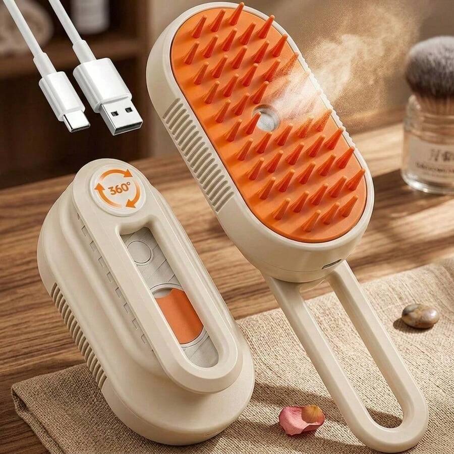3-In-1 Pet Steam Grooming Brush Mist Spray Shower Bath Brush Shedding Hair Removal Comb USB Rechargeable 360° Rotatable For Long & Short Haired Cats Dogs Orange Pet Grooming Tool - default - 查看 1