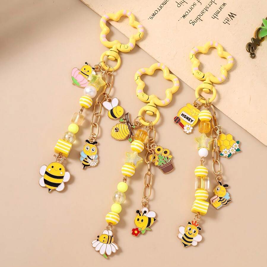 1件新款时尚串珠向日葵动物钥匙扣，蜂巢花蜜蜂钥匙圈，包包挂饰 - 彩色 - 查看 1