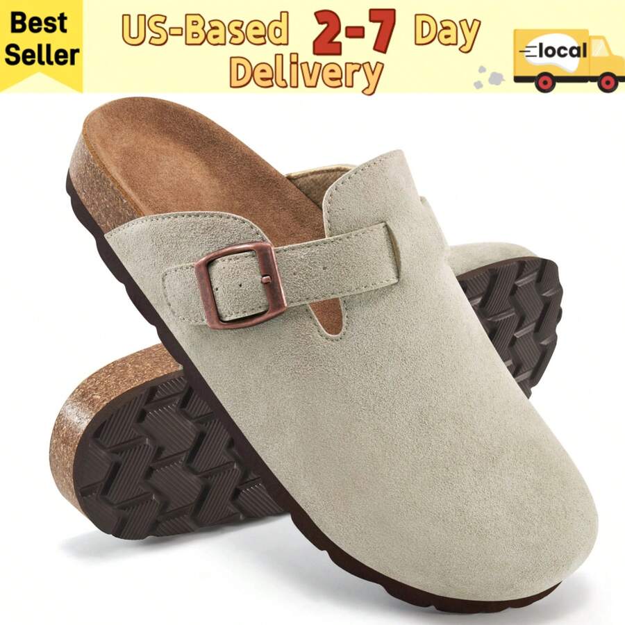 Women's Suede Clogs With Buckle Closure And Rubber Sole,Beach Essentials Womens Flat Sandals Cork Footbed,Women's Grey Clogs Slip On Mules Cork Footbed Potato Shoes Comfort Closed Toe Sandals With Arch Support.Leather Summer Mules Cork Footbed Sandals Potato Shoes With Arch Support,Black Sandals For Women's.Daily Casual Outdoor Sandals, Very Suitable For Casual Outdoor Beach Shoes - Xám - Xem 1