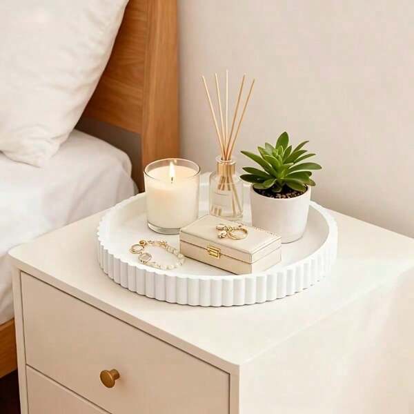 White Wavy Round Tray - Multipurpose Decor, Wavy Tray For Cabinet, Kitchen Spice Waves Plate, Serving Tray, Candle Holder, Suitable For Living Room/Dining Room/Kitchen/Bathroom | Coffee Table Decor/Fruit Storage Rack