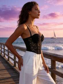 Spaghetti Strap Corset Bra, Sexy Lace Bustier Top, Black Deep V Lingerie, Sheer Mesh Corset, Adjustable 3-Row Hook Closure At Back - Black - View 4