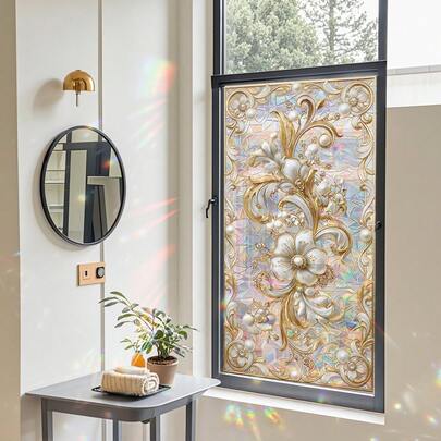 1/3片复古风格，华丽巴洛克花卉窗贴，可重复使用的静电吸附隐私膜，适用于浴室窗户、入户门、卧室和优雅的家居装饰。