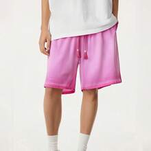 Men's Heavyweight Gradient Washed Drawstring Shorts - Casual Streetwear Elastic Waist Knee Length Shorts With Pockets - Vintage Distressed Denim Look Summer Bottoms For Men -  Y2K Inspired Relaxed Fit Casual Shorts For Daily Wear, Street Style, And Outdoor Activities - 2026 New Arrival American Fashion Essentials - Màu Hồng Tươi - Xem 3