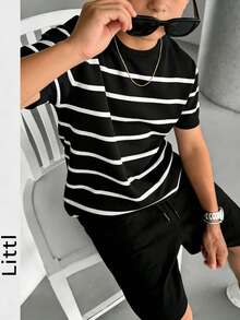 男童休闲条纹圆领短袖针织衫T恤，夏季 - 黑色 - 查看 8