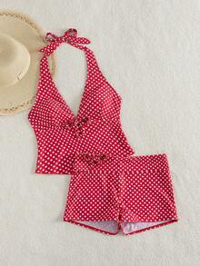 女士复古波点印花连体泳衣，显瘦设计，可搭配高腰短裤组成两件套泳衣，适合度假海滩夏季穿着。 - 彩色 - 查看 4