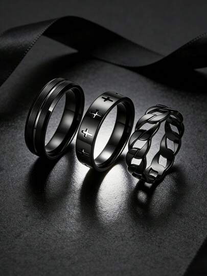 Conjunto de 3 anéis masculinos em aço inoxidável com decoração de cruz e acabamento preto brilhante. Ideal para uso diário, festivais, como joia, presente de noivado ou casamento.
