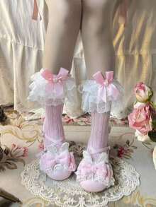 1 Pair Women's Calf Socks With Lace, Bowknot, Pearl Embellishment, Cute Lolita Style, Mid-Calf Length, One Size, College Style, Fall - 粉色 - 查看 5
