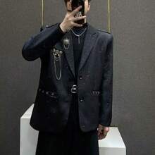Brooch Hanging Chain Design, Light Luxury, Starry Sky Hot Stamping, Fine Sparkling Suit, Men's High-End Sense, Cool And Stylish Shoulder Pad Suit Jacket - màu đen - Xem 2