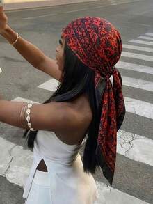 1条简约印花缎面围巾，新款春季时尚女式围巾，可作腰带、包装装饰、丝带、发带或头巾使用，是造型、海滩、度假的理想之选。 - 黑紅色 - 查看 3