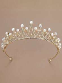1pc Pearl & Rhinestone Decor Lovely Crown Headband For Girls - Gold - View 2