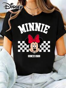 Women's Casual Disney Minnie Mouse Print Black Cotton T-Shirt With Round Neck And Short Sleeves For Everyday Wear - Black - View 1