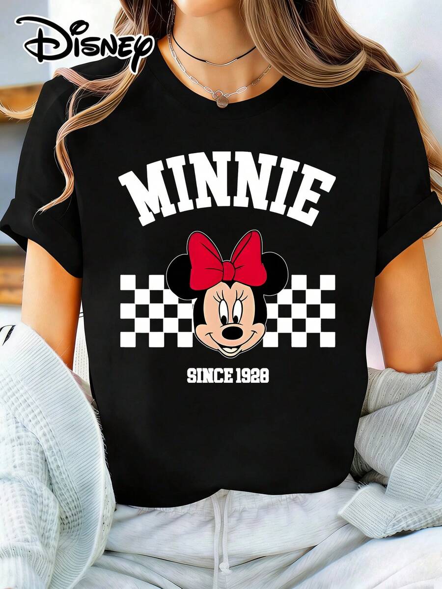 Women's Casual Disney Minnie Mouse Print Black Cotton T-Shirt With Round Neck And Short Sleeves For Everyday Wear - Black - View 1