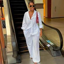 Casual And Lazy Style, Relaxed Feeling On The Street, Daily Commuting, Vacation, Women's Clothing, Fashionable Lapel, Loose White Long Sleeved Shirt, Wide Leg Pants Set, Women's - 白色 - 查看 5