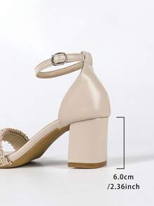 女士编织水钻高跟露趾凉鞋，优雅温柔风格，米色中跟皮鞋 - 杏色 - 查看 9