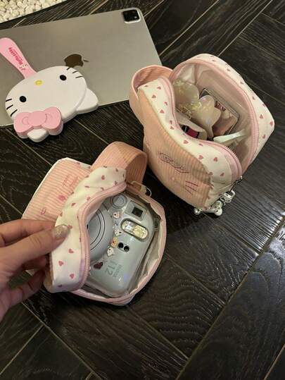 SANRIO حقيبة مستحضرات تجميل قلب مخملية سميكة على شكل قطة كيوت، حقيبة تخزين مكياج محمولة بسيطة