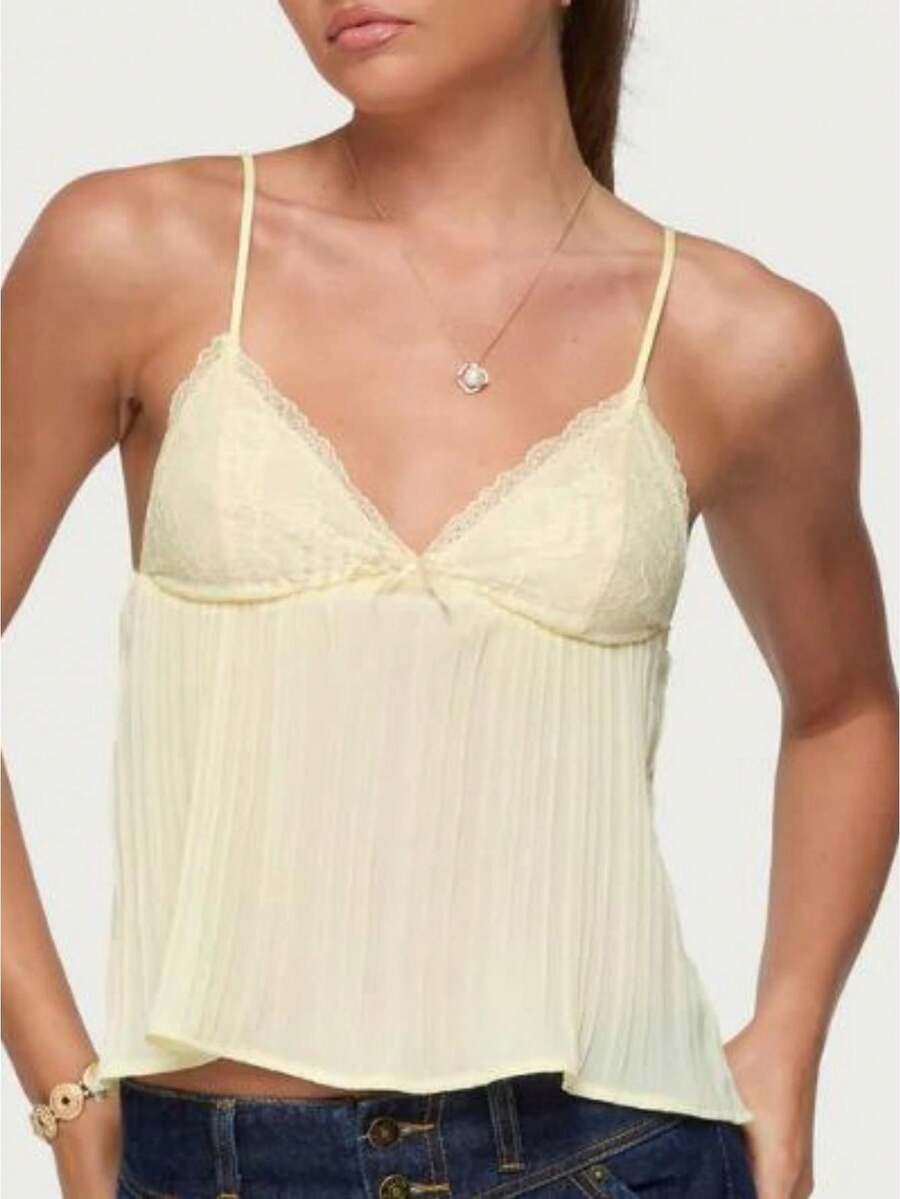Women Y2k Babydoll Tank Tops Lace Trim V Neck Crop Cami Spaghetti Strap Peplum Top Summer Cute Aesthetic Flowy Shirts - 淡黃色 - 查看 1