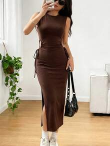 女士夏季度假优雅纯色派对吊带连衣裙休闲运动圆领无袖镂空抽绳棕色连衣裙性感修身开衩侧开衩中长茶会连衣裙毕业礼服 - 棕色 - 查看 5