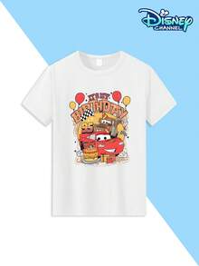 Boys' Casual Crew Neck T-Shirt With A Disney Cars Birthday Theme Print. The Front Features Lightning McQueen And Mater Wearing Party Hats, Along With A Birthday Cake, Gift Box, Balloons, Racing Flags, And The Fun Slogan "IT'S MY BIRTHDAY." The Number 95 Is Prominently Displayed. Suitable For Children Aged 4-12, Perfect For Theme Park Outings, Family Vacations, Everyday Wear, School, Outdoor Parties, And More. Sweat-Wicking, Breathable, Skin-Friendly, Comfortable, And Durable. The Cartoon IP Design Meets Boys' Daily Clothing Needs. Compatible With Wide-Leg Jeans, Cargo Shorts, Casual Sportswear. A Versatile Children's Clothing Item That Goes With Everything. - White - View 2