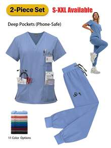 Women's V-Neck Scrub Set, Stretchy Nurse Uniform With Jogger Pants & Multi-Pockets, Short Sleeve, Breathable & Lightweight For Hospital, Spa, Beauty Salon - Dusty Blue - View 5