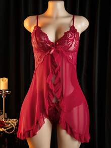性感内衣，吊带开衩迷你裙，两件套：吊带裙+丁字裤，女士睡衣和性感内衣套装 - 紅色 - 查看 6