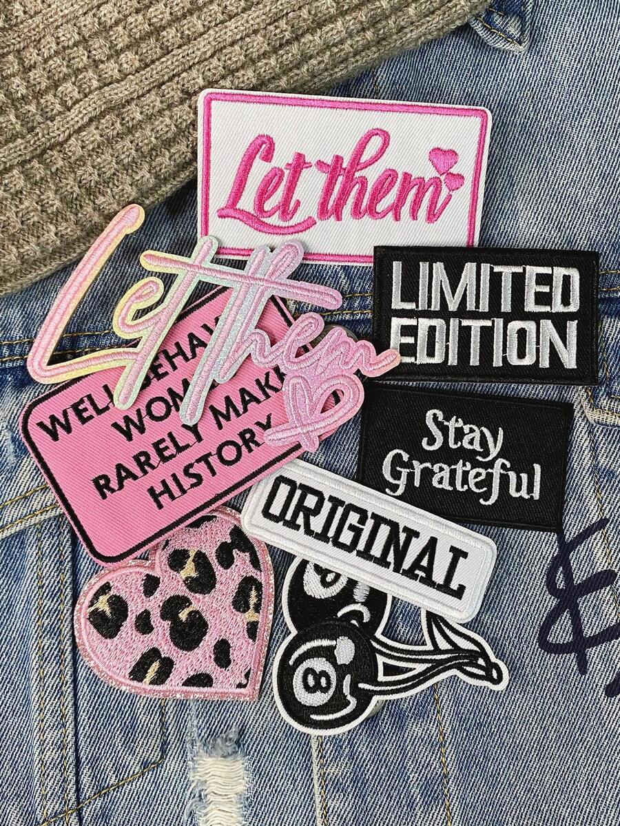 Bộ 3/8 miếng vá thêu chữ tiếng Anh nhiều màu, hình trái tim màu hồng hoạt hình dễ thương, chất liệu polyester, dùng để may vá quần áo, phụ kiện vải, thích hợp cho mũ lưỡi trai, quần jean, áo sơ mi, áo khoác, ba lô, trang phục thường ngày và phụ kiện.