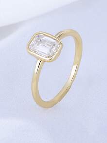 1 pieza Anillo de boda de joyería de lujo versátil y de moda de plata de ley 925 con diamante cuadrado y circonita cúbica, accesorio nupcial - Dorado - Ver 8