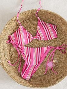 Bộ bikini kẻ sọc dành cho nữ, thiết kế thắt nút ở phần ngực, quần bơi buộc dây bên hông, chất liệu co giãn cao, thích hợp cho kỳ nghỉ hè, đi biển và các hoạt động nghỉ lễ. - Nhiều màu - Xem 3