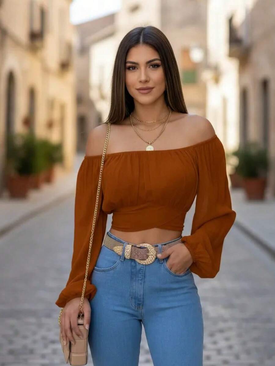 Blusa Crop campesina pecho fruncido con cinta de amarre trasera - Marrón - Ver 1