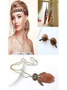 4pcs/Set Artificial Feather Earrings, Bohemian Tassel Long Pendant Necklace, Hippie Jewelry Set - Multicolor - View 3