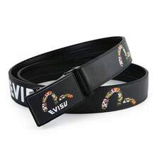 Dharma Printed Automatic Buckle Belt, Men's Faux Leather Belt, Versatile For Jeans - Black - View 5