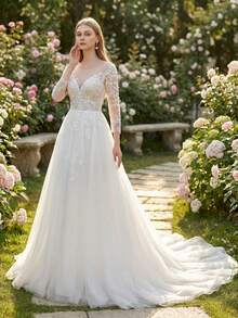 YOUKEFEIER 2025新款优雅A字婚纱，薄纱圆领长袖蕾丝刺绣拖尾新娘礼服，修身显瘦 - 米色 - 查看 5