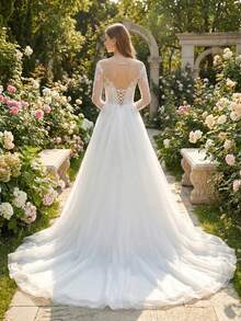 YOUKEFEIER 2025新款优雅A字婚纱，薄纱圆领长袖蕾丝刺绣拖尾新娘礼服，修身显瘦 - 米色 - 查看 7