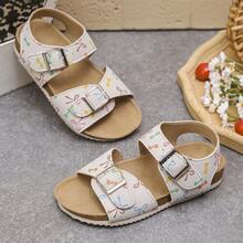 1 Pair Cute Kids Beige Sandals, Colorful Graffiti Print, Hook And Loop Strap, Lightweight Flat Casual Summer Sandals - Apricot - View 18