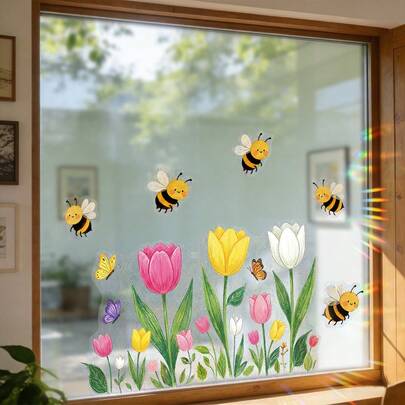 1/2pcs Suncatcher Bee Floral Static Window Clings,Sunflower Tulip Decals Rainbow Prismatic Glass Stickers Anti Collision Non Adhesive Removable Decor For Home Window Room Decor