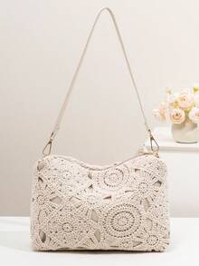 简约夏季海滩度假风女士拉链单肩包、腋下包、月牙包、流浪包，适合日常使用和度假 - 米色 - 查看 5